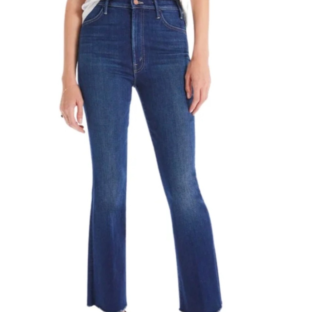 Mother Blue Flared Jeans - Hustler Ankle Fray